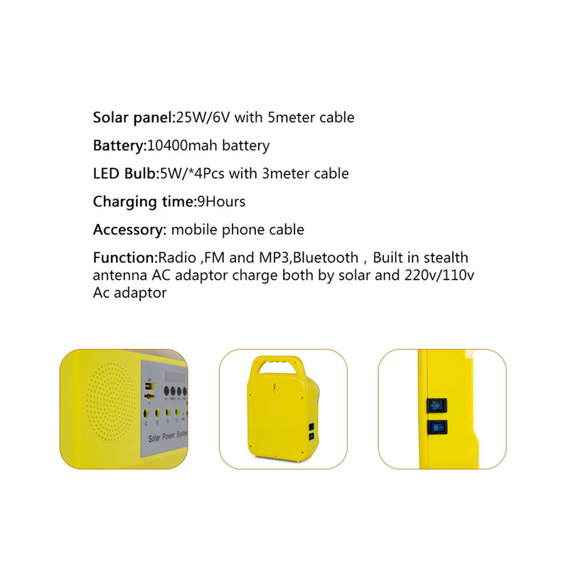 রেডিও USB চার্জিং পোর্ট SRE-6828 3pcs সহ 25 ওয়াট মোবাইল হোম সোলার লাইটিং সিস্টেম